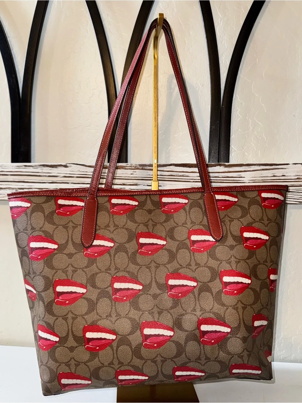 Coach x Tom Wesselman 2023 City Tote signature khaki w red smile mouth lips